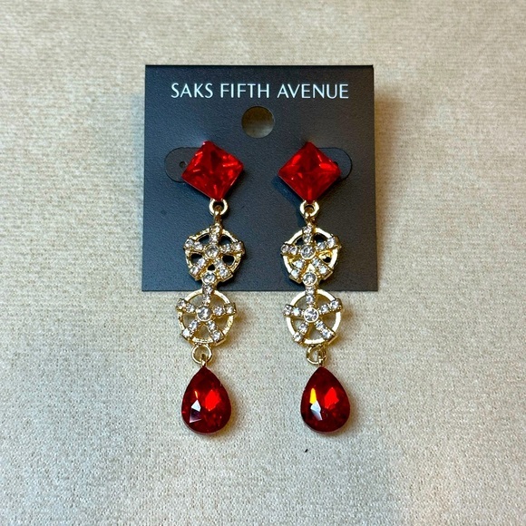 Saks Fifth Avenue Red and Gold with Rhinestone Dangle Earrings - Picture 1 of 2
